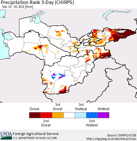 Central Asia Precipitation Rank since 1981, 5-Day (CHIRPS) Thematic Map For 9/26/2021 - 9/30/2021