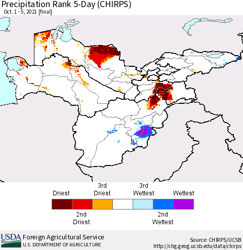 Central Asia Precipitation Rank since 1981, 5-Day (CHIRPS) Thematic Map For 10/1/2021 - 10/5/2021