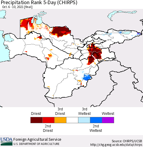 Central Asia Precipitation Rank since 1981, 5-Day (CHIRPS) Thematic Map For 10/6/2021 - 10/10/2021