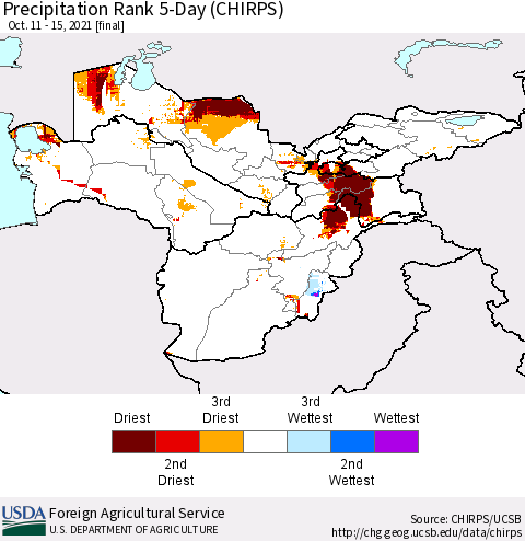 Central Asia Precipitation Rank since 1981, 5-Day (CHIRPS) Thematic Map For 10/11/2021 - 10/15/2021