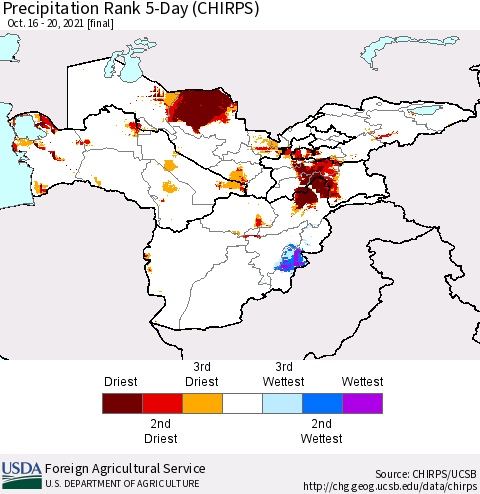 Central Asia Precipitation Rank since 1981, 5-Day (CHIRPS) Thematic Map For 10/16/2021 - 10/20/2021