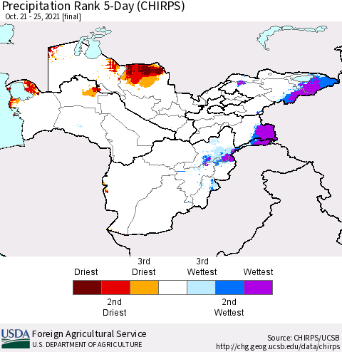 Central Asia Precipitation Rank since 1981, 5-Day (CHIRPS) Thematic Map For 10/21/2021 - 10/25/2021