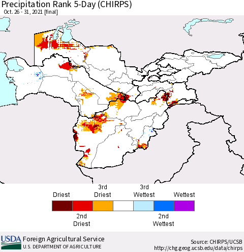 Central Asia Precipitation Rank since 1981, 5-Day (CHIRPS) Thematic Map For 10/26/2021 - 10/31/2021