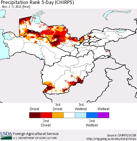 Central Asia Precipitation Rank since 1981, 5-Day (CHIRPS) Thematic Map For 11/1/2021 - 11/5/2021