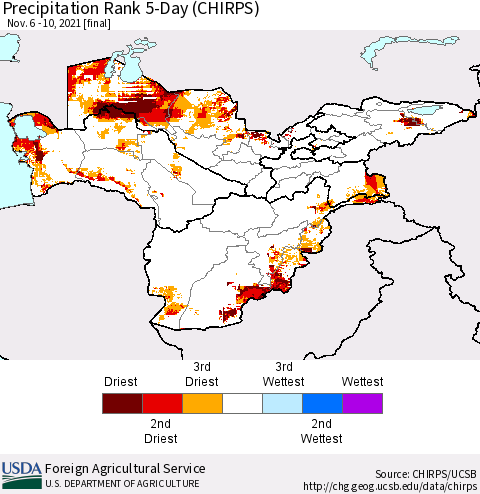 Central Asia Precipitation Rank since 1981, 5-Day (CHIRPS) Thematic Map For 11/6/2021 - 11/10/2021