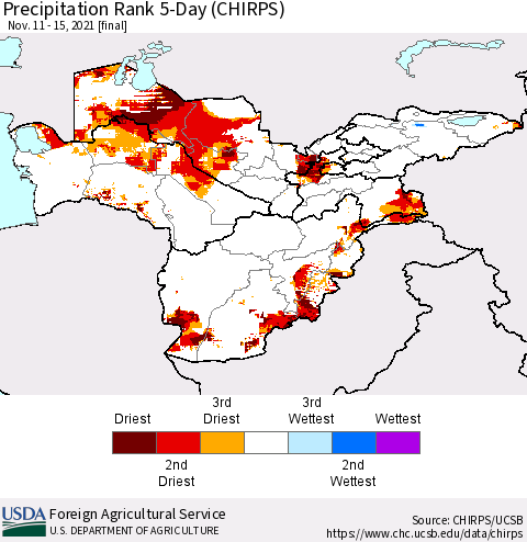 Central Asia Precipitation Rank since 1981, 5-Day (CHIRPS) Thematic Map For 11/11/2021 - 11/15/2021