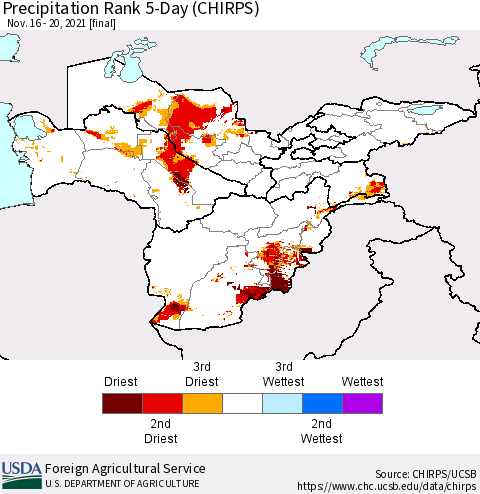 Central Asia Precipitation Rank since 1981, 5-Day (CHIRPS) Thematic Map For 11/16/2021 - 11/20/2021