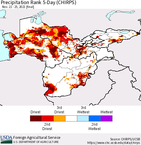 Central Asia Precipitation Rank since 1981, 5-Day (CHIRPS) Thematic Map For 11/21/2021 - 11/25/2021