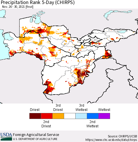 Central Asia Precipitation Rank since 1981, 5-Day (CHIRPS) Thematic Map For 11/26/2021 - 11/30/2021