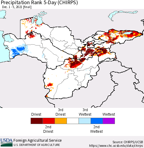 Central Asia Precipitation Rank since 1981, 5-Day (CHIRPS) Thematic Map For 12/1/2021 - 12/5/2021