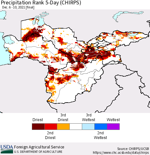 Central Asia Precipitation Rank since 1981, 5-Day (CHIRPS) Thematic Map For 12/6/2021 - 12/10/2021