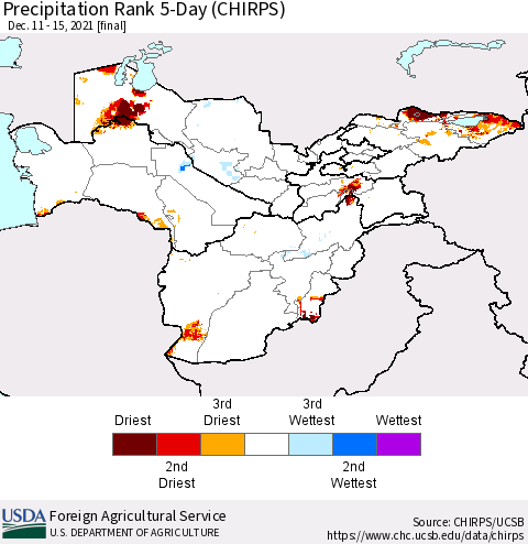 Central Asia Precipitation Rank since 1981, 5-Day (CHIRPS) Thematic Map For 12/11/2021 - 12/15/2021