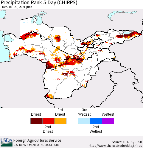 Central Asia Precipitation Rank since 1981, 5-Day (CHIRPS) Thematic Map For 12/16/2021 - 12/20/2021