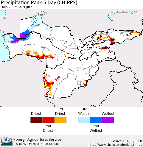 Central Asia Precipitation Rank since 1981, 5-Day (CHIRPS) Thematic Map For 12/21/2021 - 12/25/2021