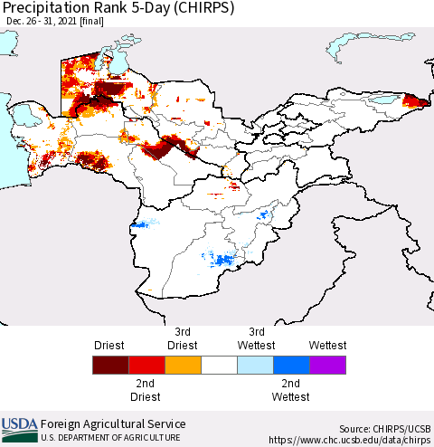 Central Asia Precipitation Rank since 1981, 5-Day (CHIRPS) Thematic Map For 12/26/2021 - 12/31/2021