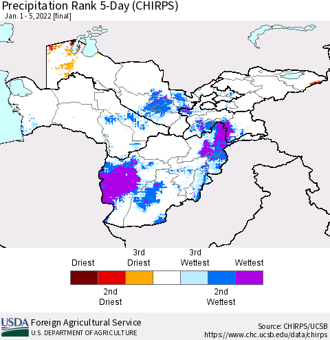 Central Asia Precipitation Rank since 1981, 5-Day (CHIRPS) Thematic Map For 1/1/2022 - 1/5/2022