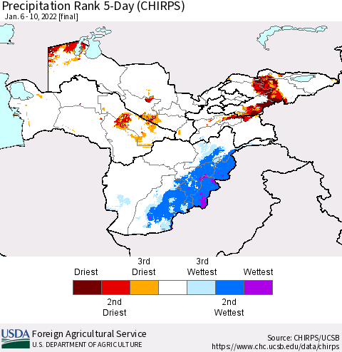 Central Asia Precipitation Rank since 1981, 5-Day (CHIRPS) Thematic Map For 1/6/2022 - 1/10/2022