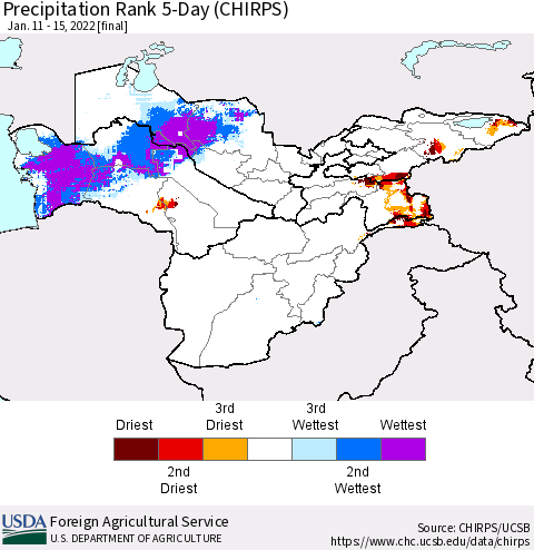 Central Asia Precipitation Rank since 1981, 5-Day (CHIRPS) Thematic Map For 1/11/2022 - 1/15/2022
