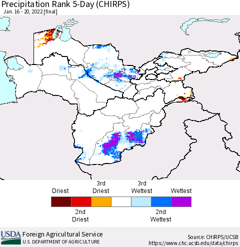 Central Asia Precipitation Rank since 1981, 5-Day (CHIRPS) Thematic Map For 1/16/2022 - 1/20/2022
