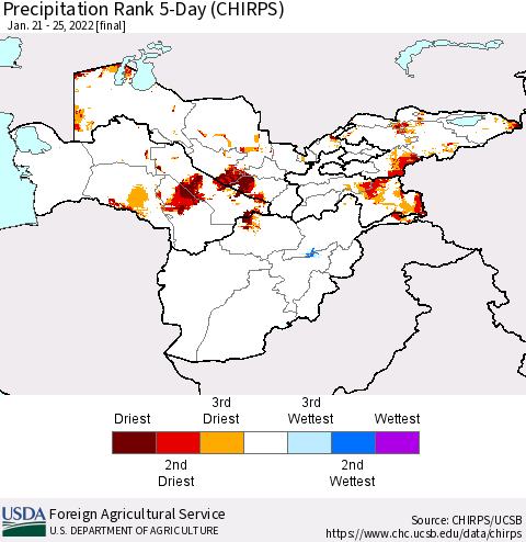 Central Asia Precipitation Rank since 1981, 5-Day (CHIRPS) Thematic Map For 1/21/2022 - 1/25/2022