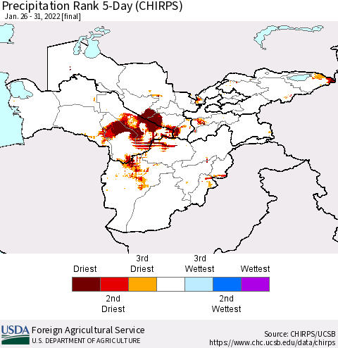 Central Asia Precipitation Rank since 1981, 5-Day (CHIRPS) Thematic Map For 1/26/2022 - 1/31/2022