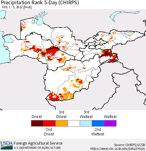 Central Asia Precipitation Rank since 1981, 5-Day (CHIRPS) Thematic Map For 2/1/2022 - 2/5/2022