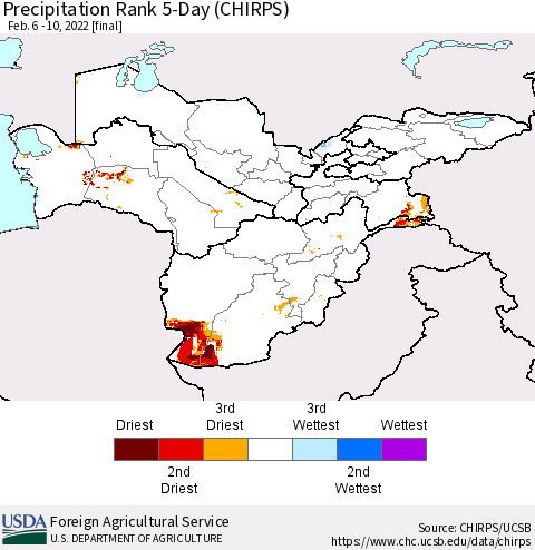 Central Asia Precipitation Rank since 1981, 5-Day (CHIRPS) Thematic Map For 2/6/2022 - 2/10/2022