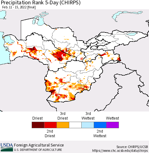 Central Asia Precipitation Rank since 1981, 5-Day (CHIRPS) Thematic Map For 2/11/2022 - 2/15/2022