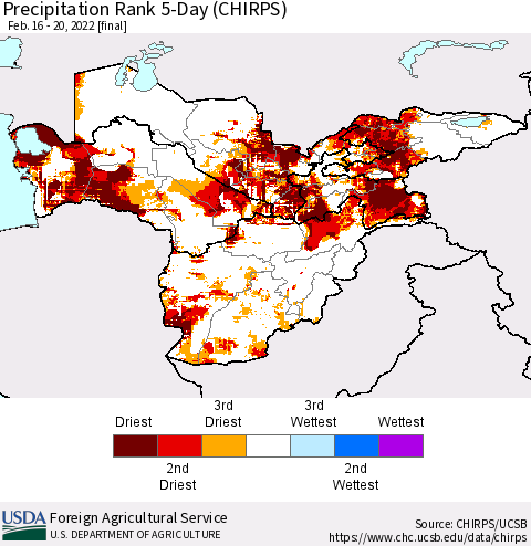 Central Asia Precipitation Rank since 1981, 5-Day (CHIRPS) Thematic Map For 2/16/2022 - 2/20/2022