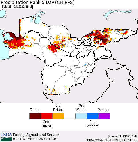 Central Asia Precipitation Rank since 1981, 5-Day (CHIRPS) Thematic Map For 2/21/2022 - 2/25/2022