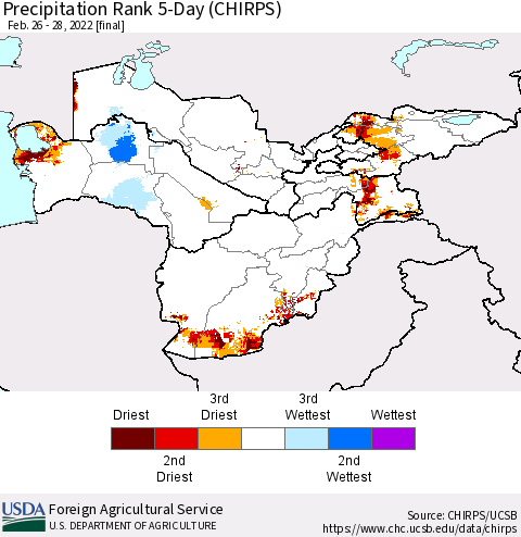 Central Asia Precipitation Rank since 1981, 5-Day (CHIRPS) Thematic Map For 2/26/2022 - 2/28/2022