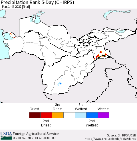 Central Asia Precipitation Rank since 1981, 5-Day (CHIRPS) Thematic Map For 3/1/2022 - 3/5/2022