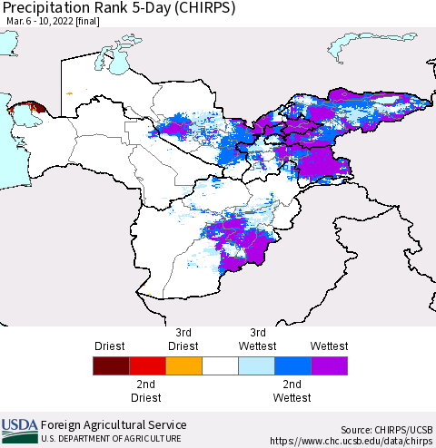 Central Asia Precipitation Rank since 1981, 5-Day (CHIRPS) Thematic Map For 3/6/2022 - 3/10/2022