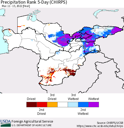 Central Asia Precipitation Rank since 1981, 5-Day (CHIRPS) Thematic Map For 3/11/2022 - 3/15/2022