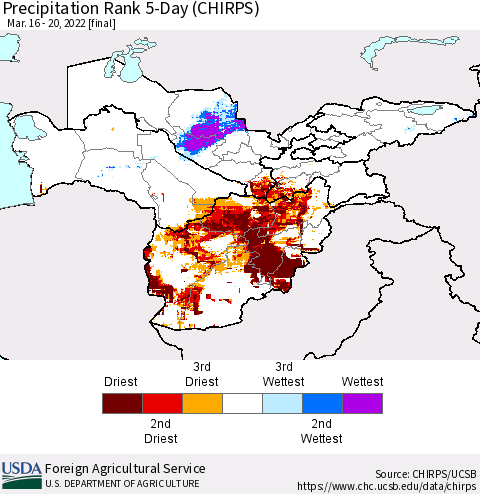 Central Asia Precipitation Rank since 1981, 5-Day (CHIRPS) Thematic Map For 3/16/2022 - 3/20/2022