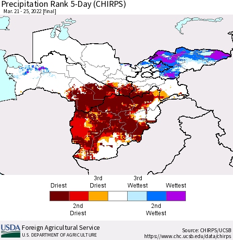 Central Asia Precipitation Rank since 1981, 5-Day (CHIRPS) Thematic Map For 3/21/2022 - 3/25/2022