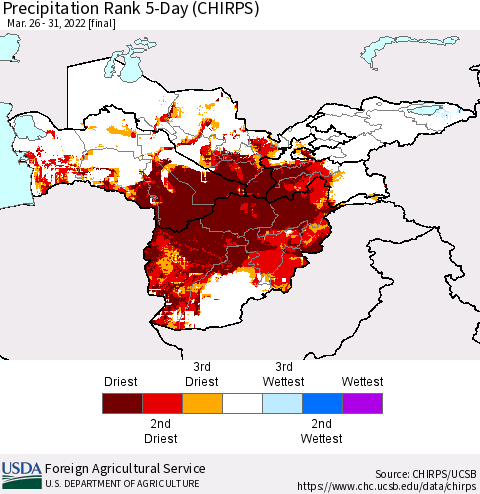 Central Asia Precipitation Rank since 1981, 5-Day (CHIRPS) Thematic Map For 3/26/2022 - 3/31/2022