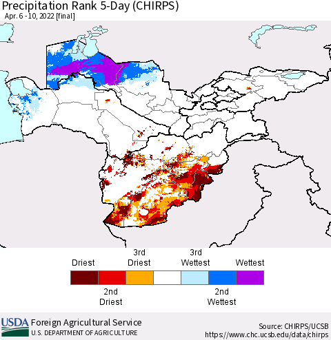 Central Asia Precipitation Rank since 1981, 5-Day (CHIRPS) Thematic Map For 4/6/2022 - 4/10/2022