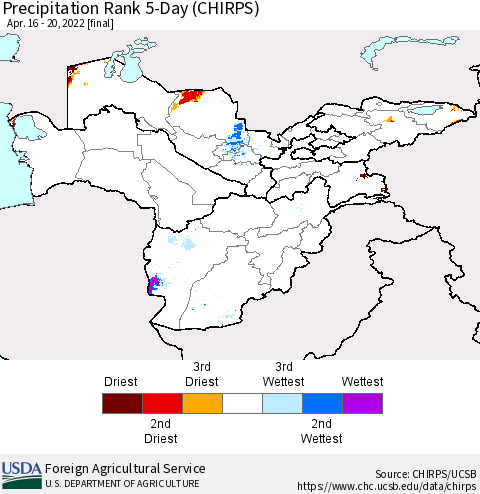 Central Asia Precipitation Rank since 1981, 5-Day (CHIRPS) Thematic Map For 4/16/2022 - 4/20/2022