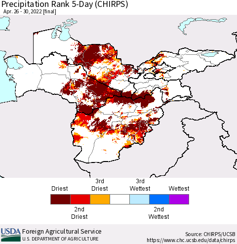 Central Asia Precipitation Rank since 1981, 5-Day (CHIRPS) Thematic Map For 4/26/2022 - 4/30/2022