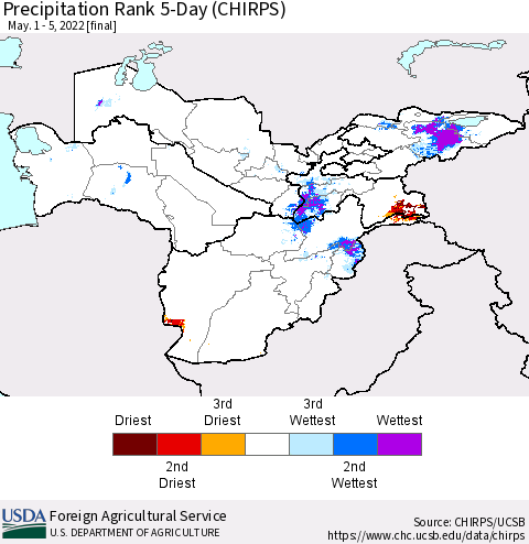 Central Asia Precipitation Rank since 1981, 5-Day (CHIRPS) Thematic Map For 5/1/2022 - 5/5/2022