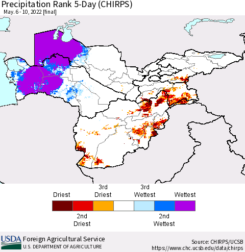 Central Asia Precipitation Rank since 1981, 5-Day (CHIRPS) Thematic Map For 5/6/2022 - 5/10/2022