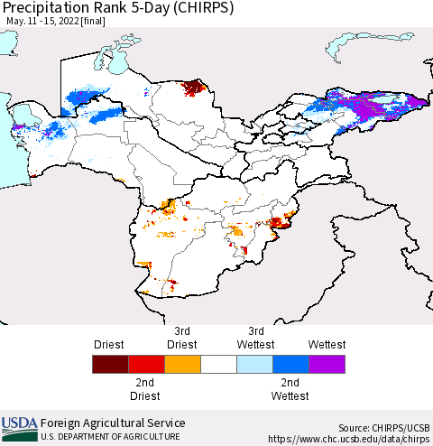 Central Asia Precipitation Rank since 1981, 5-Day (CHIRPS) Thematic Map For 5/11/2022 - 5/15/2022