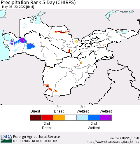 Central Asia Precipitation Rank since 1981, 5-Day (CHIRPS) Thematic Map For 5/16/2022 - 5/20/2022