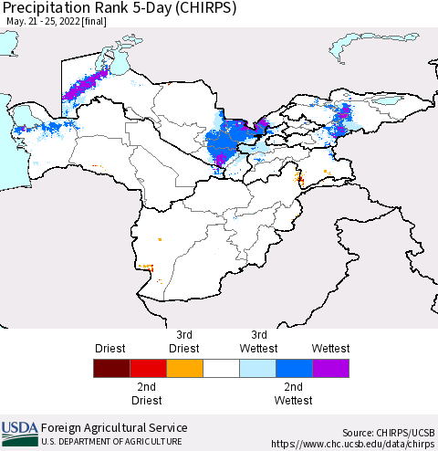 Central Asia Precipitation Rank since 1981, 5-Day (CHIRPS) Thematic Map For 5/21/2022 - 5/25/2022