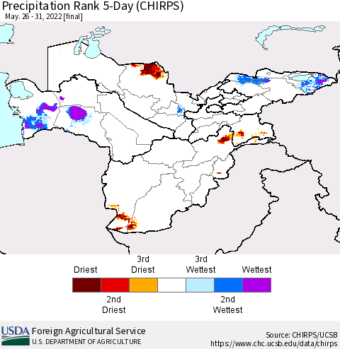 Central Asia Precipitation Rank since 1981, 5-Day (CHIRPS) Thematic Map For 5/26/2022 - 5/31/2022