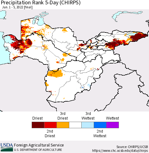 Central Asia Precipitation Rank since 1981, 5-Day (CHIRPS) Thematic Map For 6/1/2022 - 6/5/2022