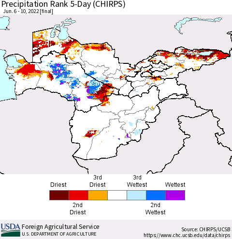 Central Asia Precipitation Rank since 1981, 5-Day (CHIRPS) Thematic Map For 6/6/2022 - 6/10/2022
