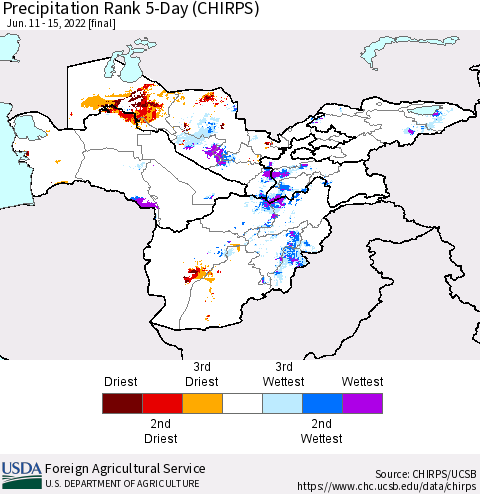 Central Asia Precipitation Rank since 1981, 5-Day (CHIRPS) Thematic Map For 6/11/2022 - 6/15/2022