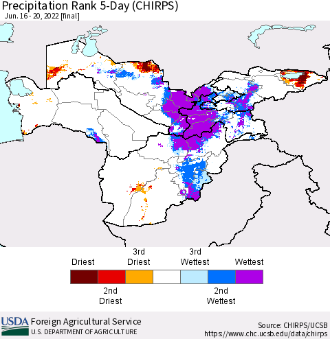 Central Asia Precipitation Rank since 1981, 5-Day (CHIRPS) Thematic Map For 6/16/2022 - 6/20/2022